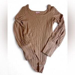 Pink Lily Ribbed Knit Bodysuit in Beige